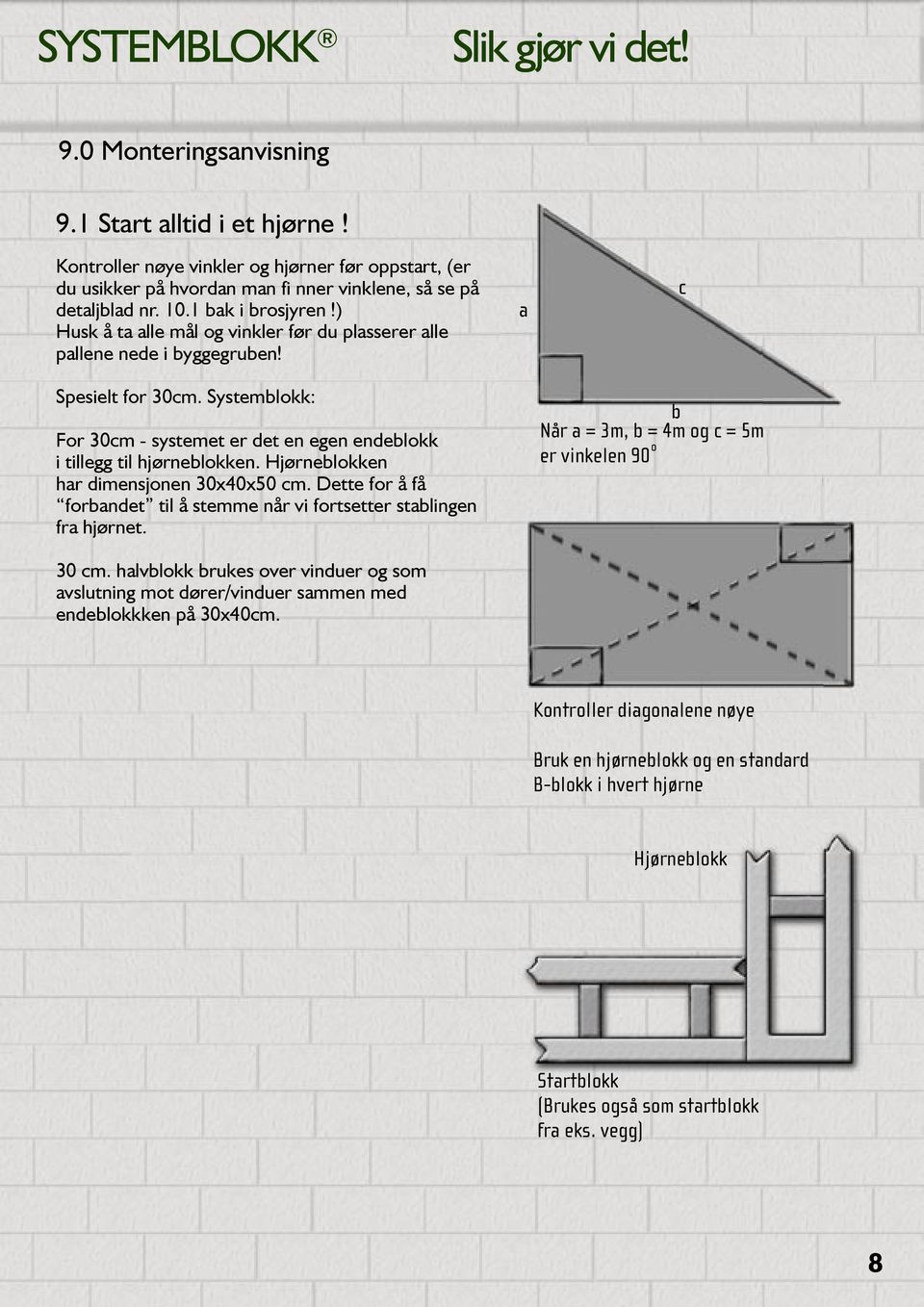 ) Husk å ta alle mål og vinkler før du plasserer alle pallene nede i byggegruben! Spesielt for 30cm. Systemblokk: For 30cm - systemet er det en egen endeblokk i tillegg til hjørneblokken.