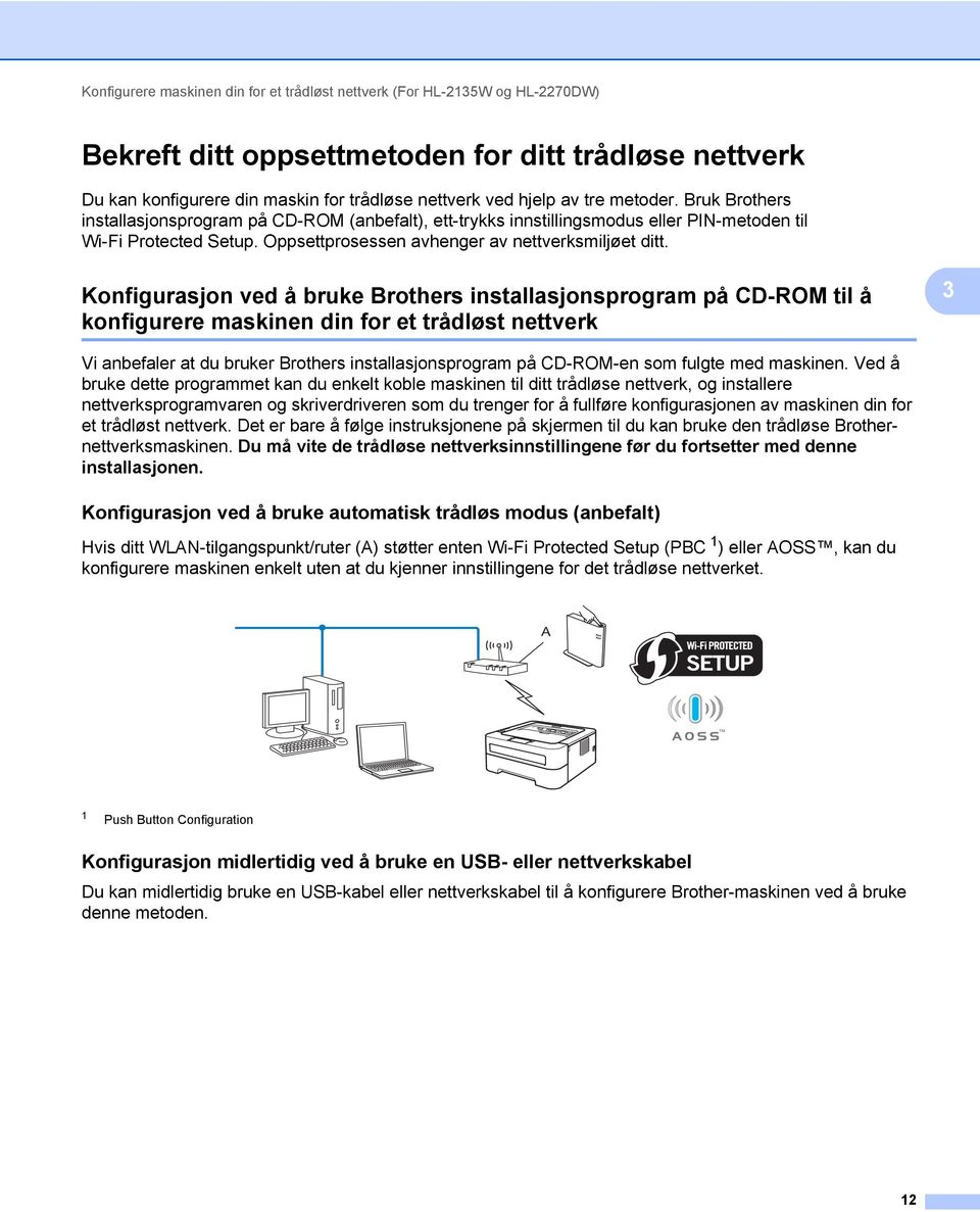 Konfigurasjon ved å bruke Brothers installasjonsprogram på CD-ROM til å konfigurere maskinen din for et trådløst nettverk 3 3 Vi anbefaler at du bruker Brothers installasjonsprogram på CD-ROM-en som