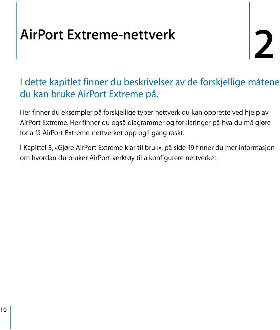 Her finner du også diagrammer og forklaringer på hva du må gjøre for å få AirPort Extreme-nettverket opp og i gang raskt.
