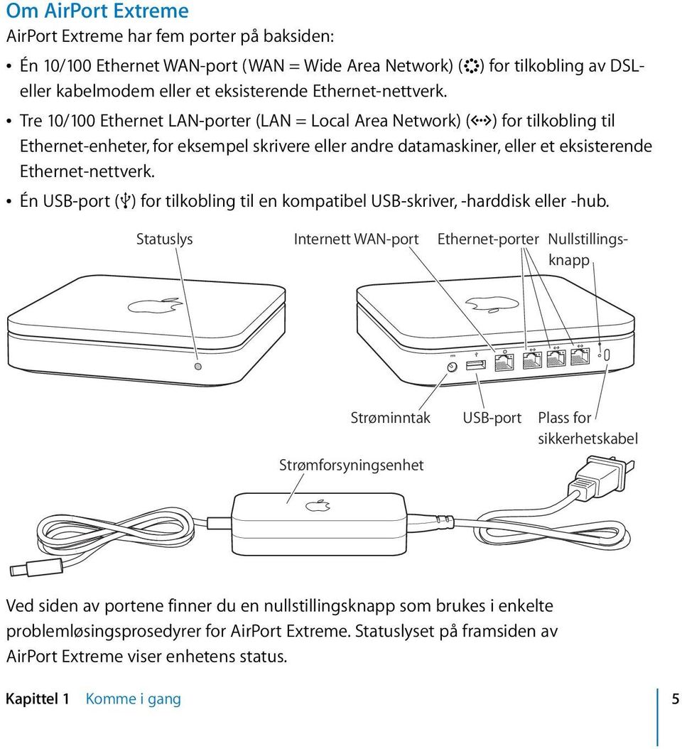 Â Tre 10/100 Ethernet LAN-porter (LAN = Local Area Network) (G) for tilkobling til Ethernet-enheter, for eksempel skrivere eller andre datamaskiner, eller et eksisterende  Â Én USB-port (d) for