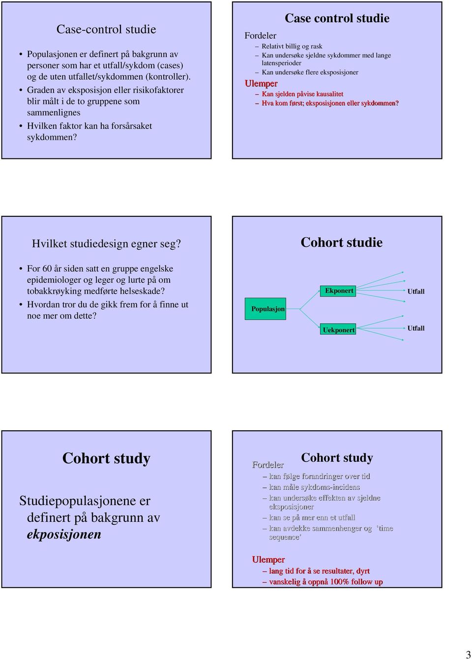 Case control studie Fordeler Relativt billig og rask Kan undersøke sjeldne sykdommer med lange latensperioder Kan undersøke flere eksposisjoner Ulemper Kan sjelden påvise kausalitet Hva kom først;