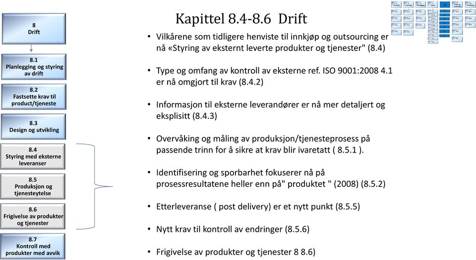 6 Drift Vilkårene som tidligere henviste til innkjøp og outsourcing er nå «Styring av eksternt leverte produkter og tjenester" (8.4) Type og omfang av kontroll av eksterne ref. ISO 9001:2008 4.