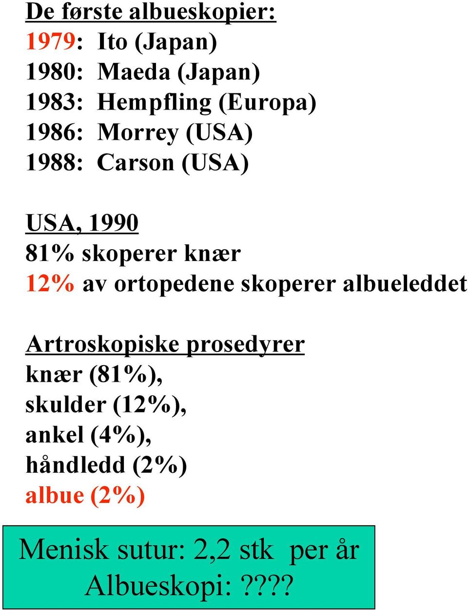 ortopedene skoperer albueleddet Artroskopiske prosedyrer knær (81%), skulder