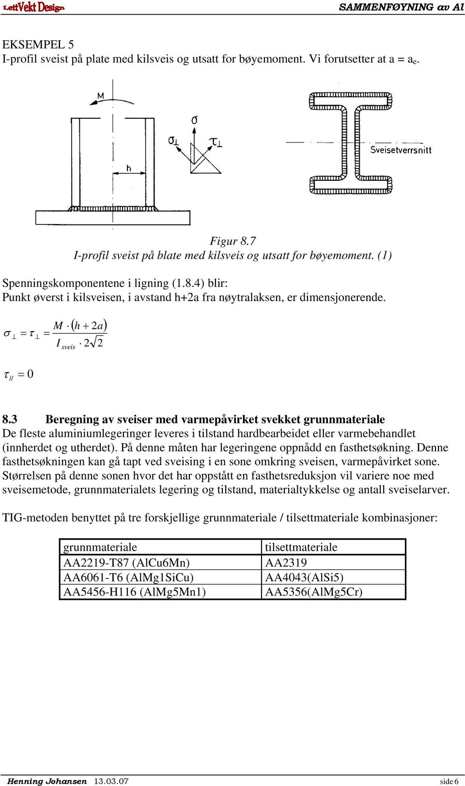 3 Beregning av sveiser ed varepåvirket svekket grunnateriale De leste aluiniulegeringer leveres i tilstand hardbearbeidet eller varebehandlet (innherdet og utherdet).