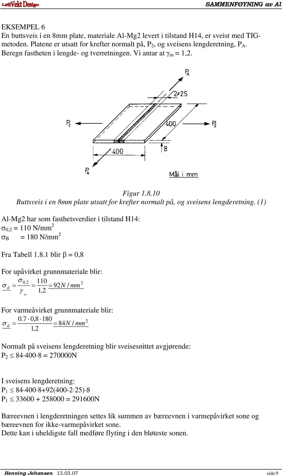 (1) Al-Mg har so asthetsverdier i tilstand H14: 0, 110 N/ B 180 N/ Fra Tabell 1.8.1 blir β 0,8 For upåvirket grunnateriale blir: 0, 110 d 9N / 1, For vareåvirket grunnateriale blir: 0.