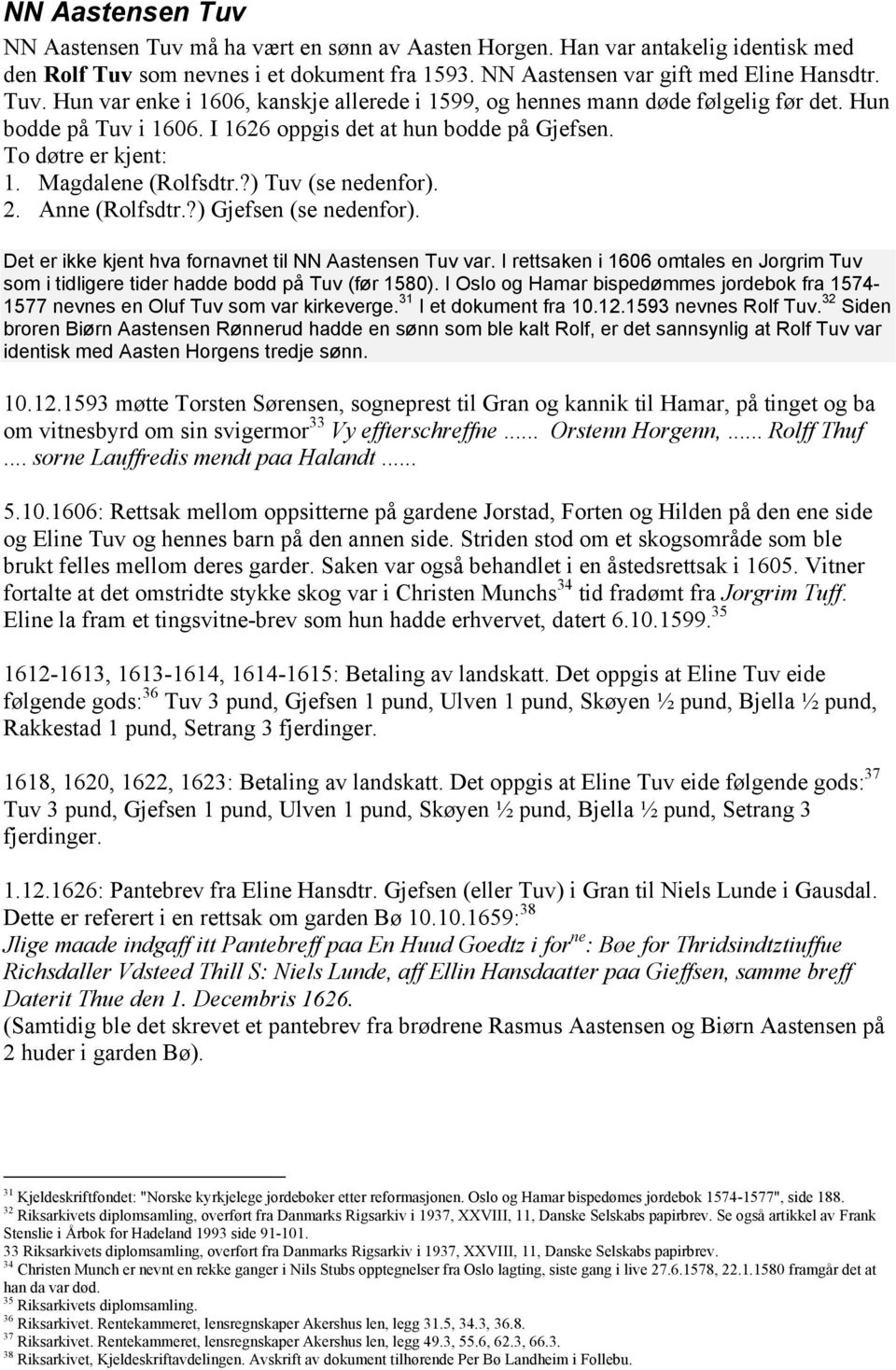 Det er ikke kjent hva fornavnet til NN Aastensen Tuv var. I rettsaken i 1606 omtales en Jorgrim Tuv som i tidligere tider hadde bodd på Tuv (før 1580).