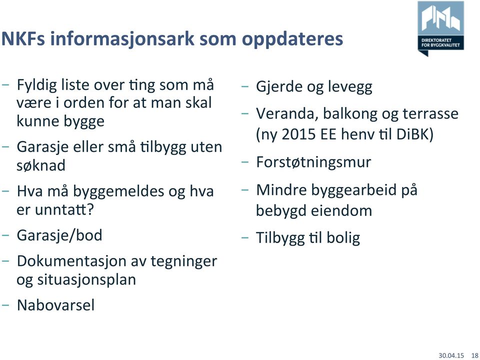 Garasje/bod Dokumentasjon av tegninger og situasjonsplan Nabovarsel Gjerde og levegg Veranda,