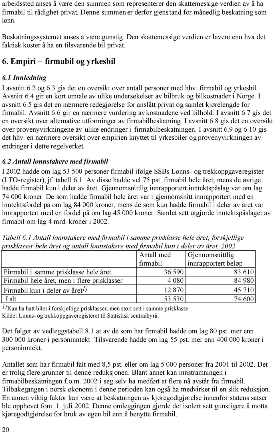 2 og 6.3 gis det en oversikt over antall personer med hhv. firmabil og yrkesbil. Avsnitt 6.4 gir en kort omtale av ulike undersøkelser av bilbruk og bilkostnader i Norge. I avsnitt 6.