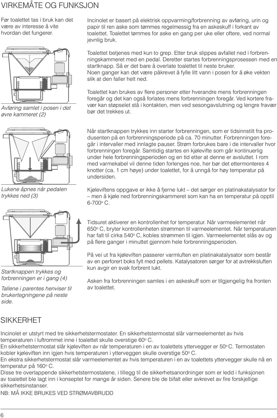 Toalettet tømmes for aske en gang per uke eller oftere, ved normal jevnlig bruk. Toalettet betjenes med kun to grep. Etter bruk slippes avfallet ned i forbrenningskammeret med en pedal.