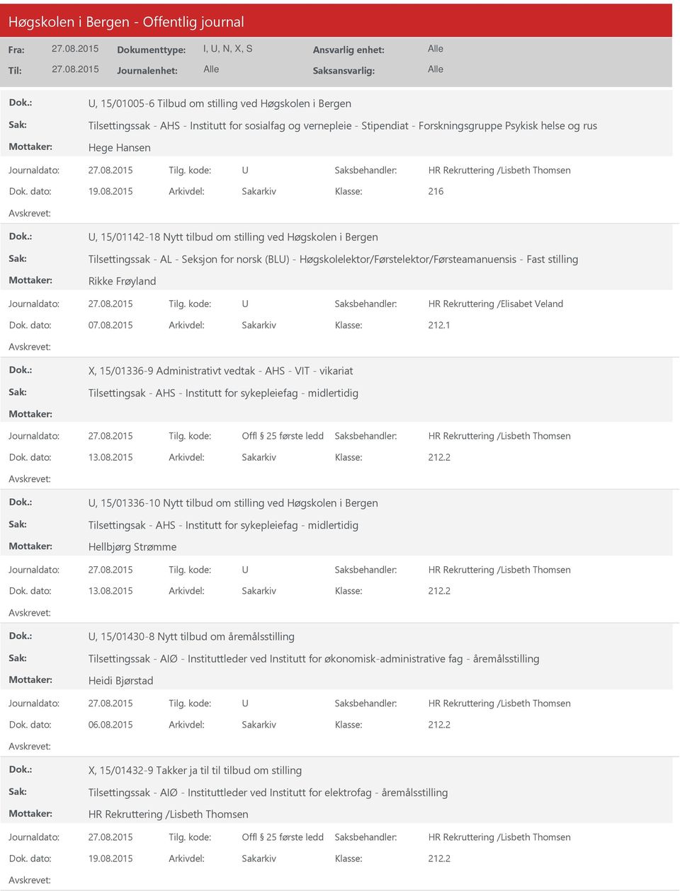 2015 Arkivdel: Sakarkiv 216, 15/01142-18 Nytt tilbud om stilling ved Høgskolen i Bergen Tilsettingssak - AL - Seksjon for norsk (BL) - Høgskolelektor/Førstelektor/Førsteamanuensis - Fast stilling