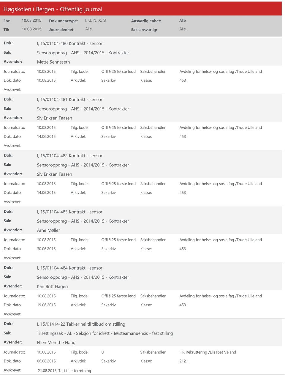 2015 Arkivdel: Sakarkiv 453 I, 15/01104-482 Kontrakt - sensor Sensoroppdrag - AHS - 2014/2015 - Kontrakter Siv Eriksen Taasen Avdeling for helse- og sosialfag /Trude lleland Dok. dato: 14.06.