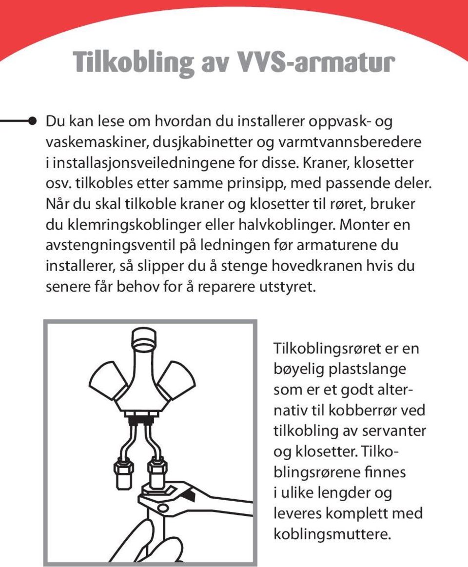 Monter en avstengningsventil på ledningen før armaturene du installerer, så slipper du å stenge hovedkranen hvis du senere får behov for å reparere utstyret.