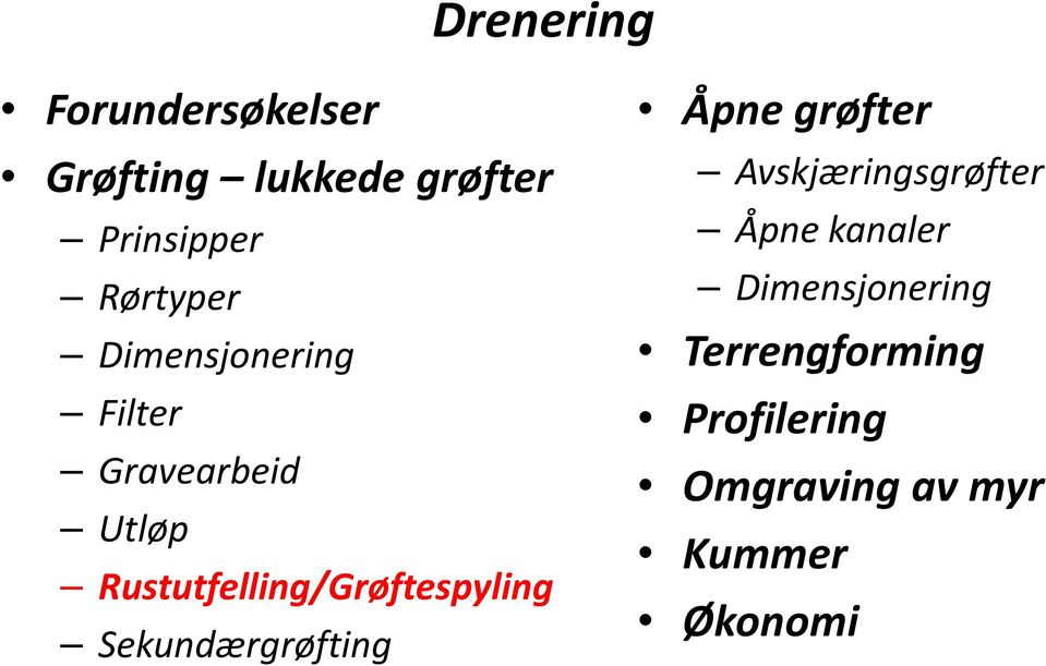 Rustutfelling/Grøftespyling Sekundærgrøfting Åpne grøfter