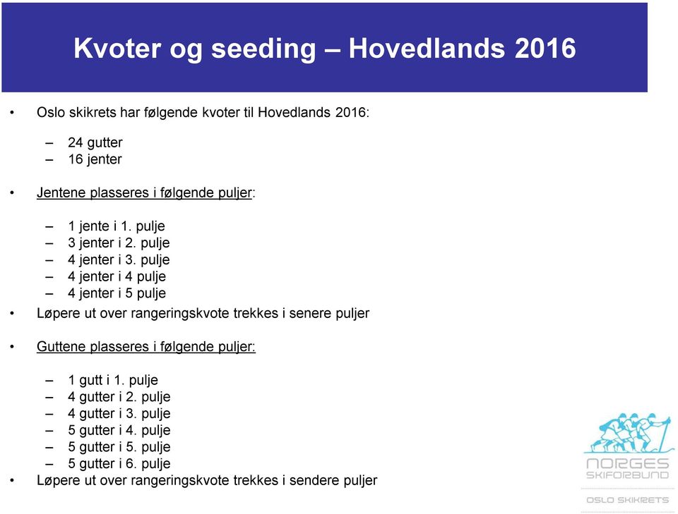 pulje 4 jenter i 4 pulje 4 jenter i 5 pulje Løpere ut over rangeringskvote trekkes i senere puljer Guttene plasseres i