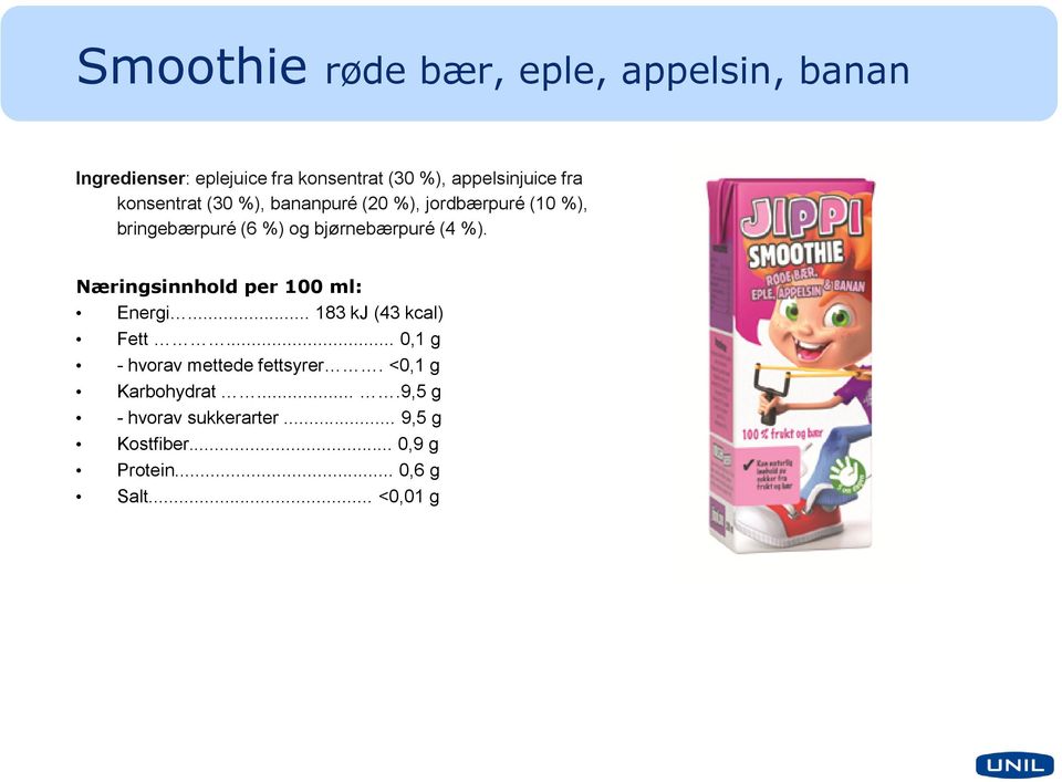 %). Næringsinnhold per 100 ml: Energi... 183 kj (43 kcal) Fett... 0,1 g - hvorav mettede fettsyrer.