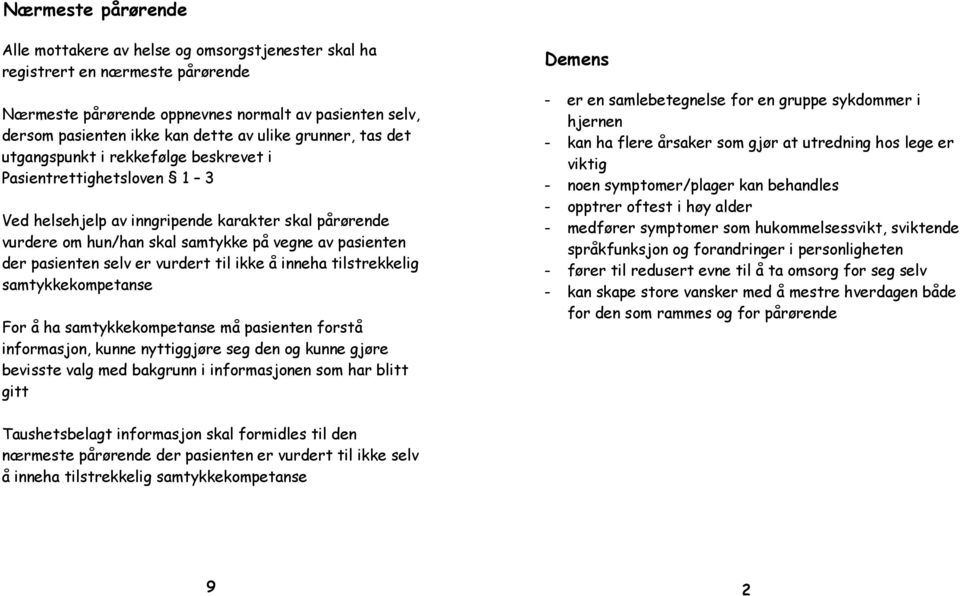 der pasienten selv er vurdert til ikke å inneha tilstrekkelig samtykkekompetanse For å ha samtykkekompetanse må pasienten forstå informasjon, kunne nyttiggjøre seg den og kunne gjøre bevisste valg