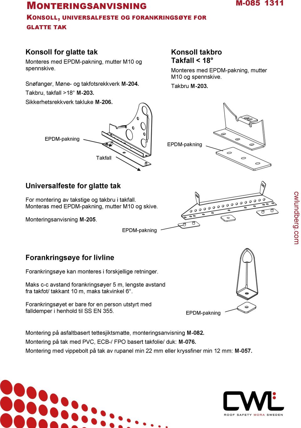 EPDM-pakning EPDM-pakning Takfall Universalfeste for glatte tak For montering av takstige og takbru i takfall. Monteras med EPDM-pakning, mutter M10 og skive. Monteringsanvisning M-205.