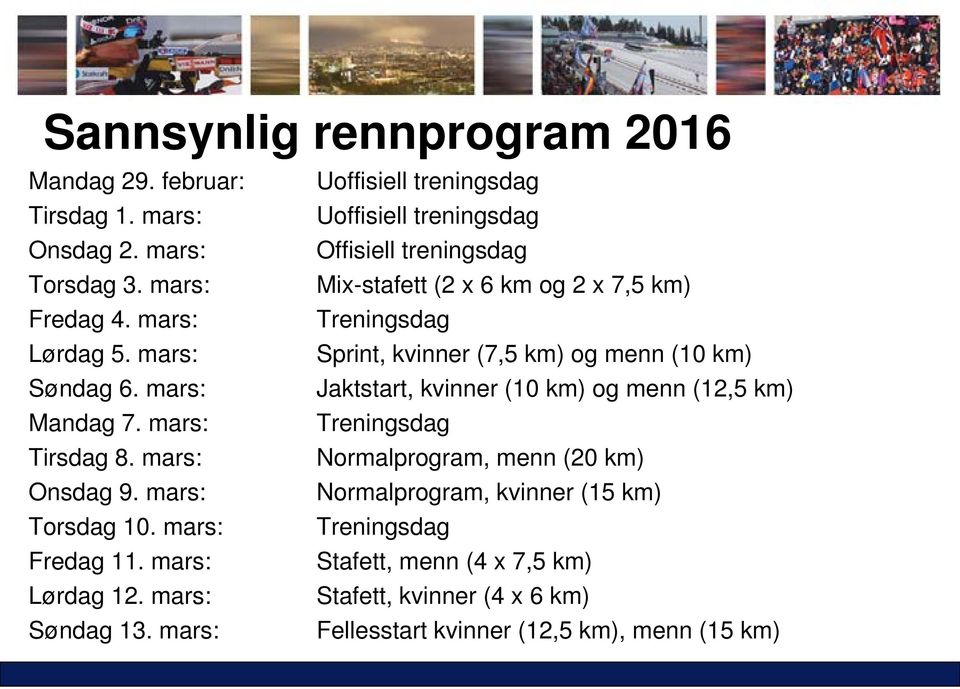 mars: Uoffisiell treningsdag Uoffisiell treningsdag Offisiell treningsdag Mix-stafett (2 x 6 km og 2 x 7,5 km) Treningsdag Sprint, kvinner (7,5 km) og menn (10