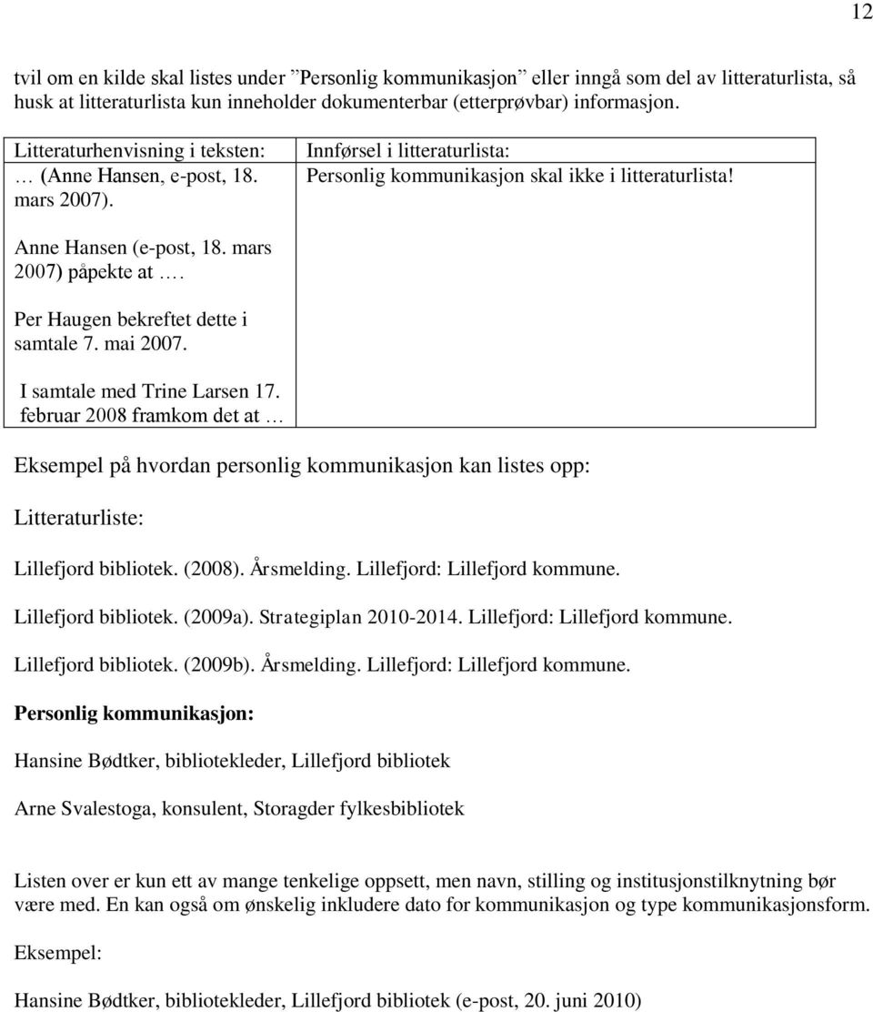 I samtale med Trine Larsen 17. februar 2008 framkom det at Eksempel på hvordan personlig kommunikasjon kan listes opp: Litteraturliste: Lillefjord bibliotek. (2008). Årsmelding.