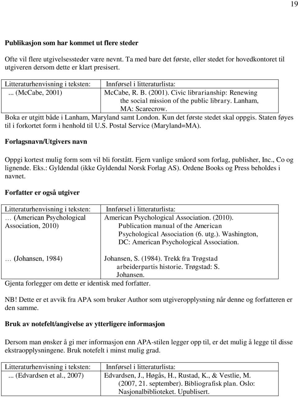 Kun det første stedet skal oppgis. Staten føyes til i forkortet form i henhold til U.S. Postal Service (Maryland=MA). Forlagsnavn/Utgivers navn Oppgi kortest mulig form som vil bli forstått.