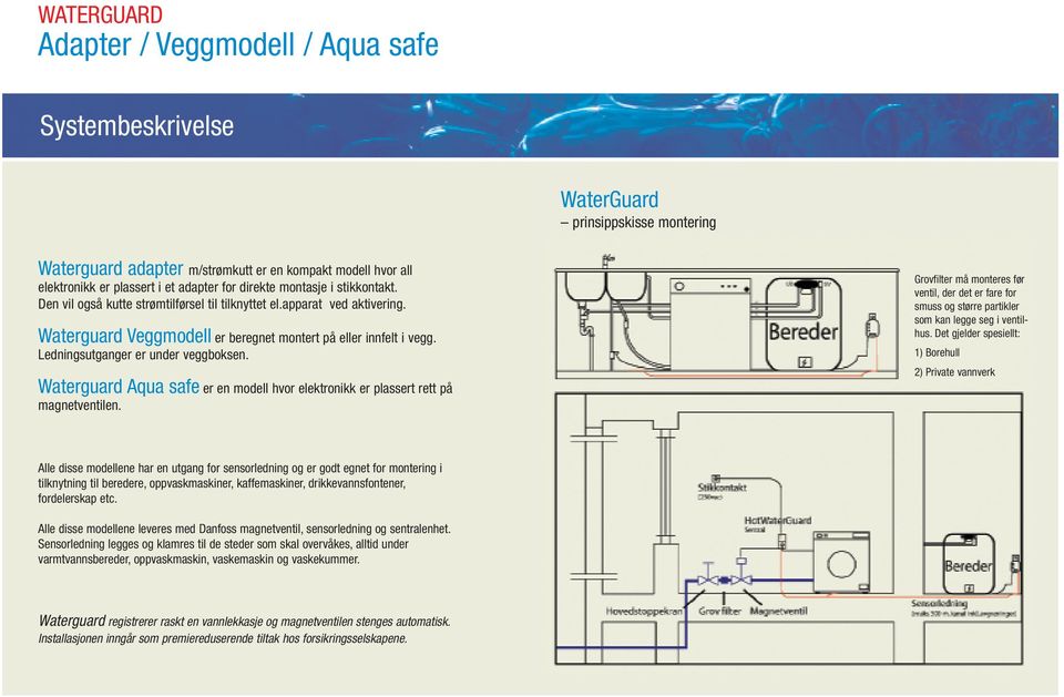 Waterguard Aqua safe er en modell hvor elektronikk er plassert rett på magnetventilen. Grovfilter må monteres før ventil, der det er fare for smuss og større partikler som kan legge seg i ventilhus.
