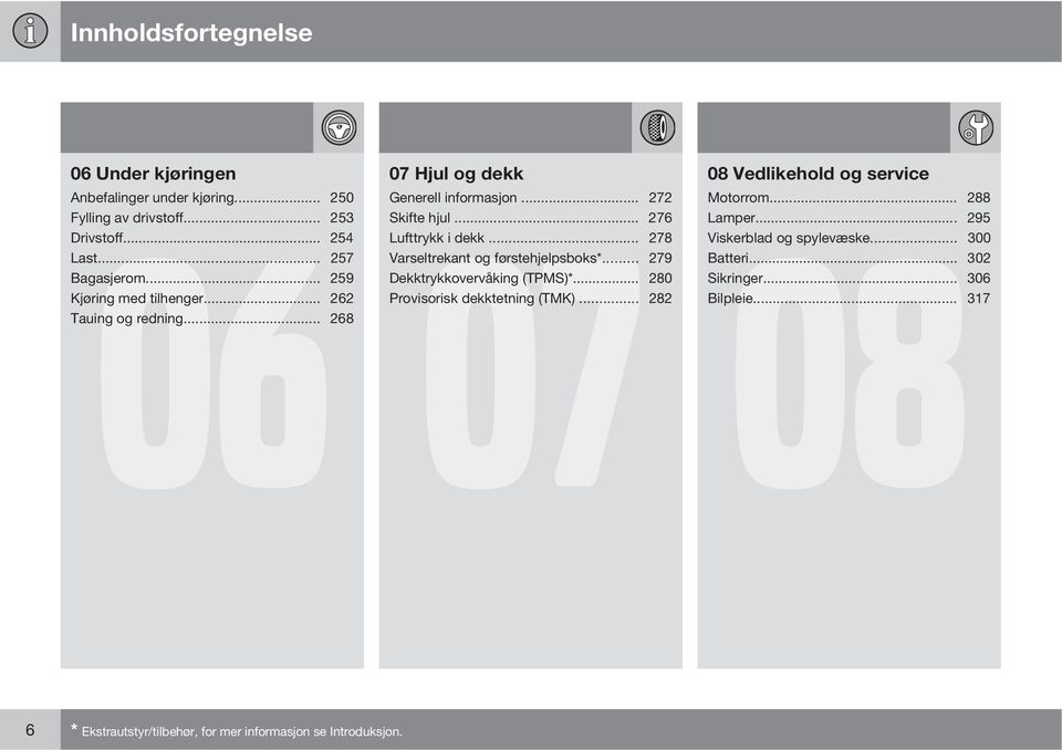 .. 278 Varseltrekant og førstehjelpsboks*... 279 Dekktrykkovervåking (TPMS)*... 280 Provisorisk dekktetning (TMK).