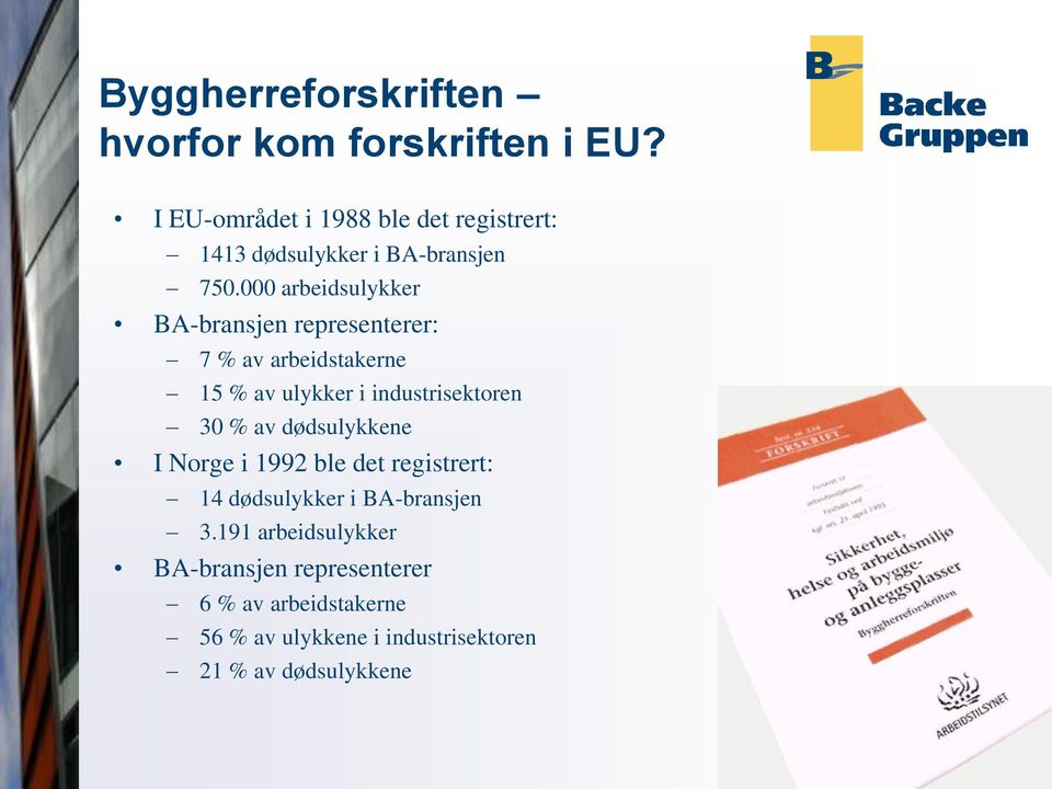 000 arbeidsulykker BA-bransjen representerer: 7 % av arbeidstakerne 15 % av ulykker i industrisektoren 30 %