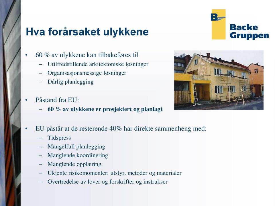 påstår at de resterende 40% har direkte sammenheng med: Tidspress Mangelfull planlegging Manglende koordinering