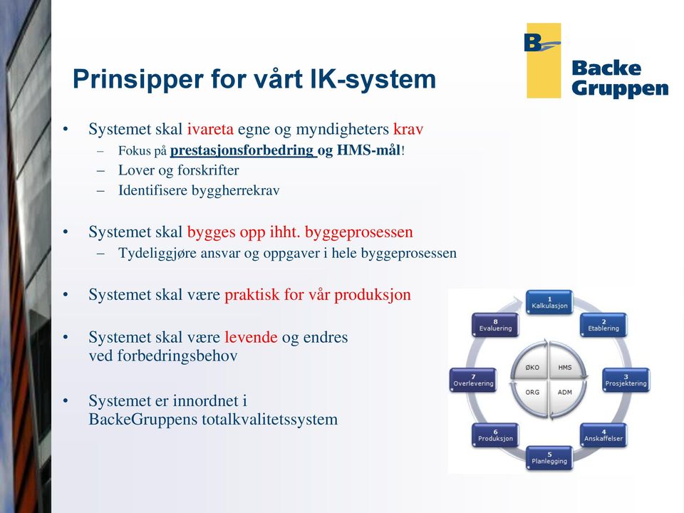 Lover og forskrifter Identifisere byggherrekrav Systemet skal bygges opp ihht.