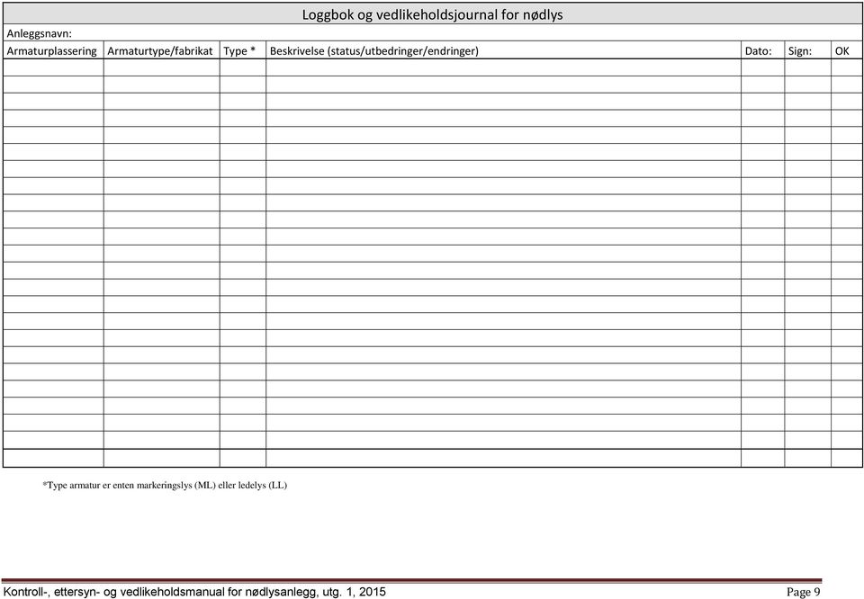 Dato: Sign: OK *Type armatur er enten markeringslys (ML) eller ledelys
