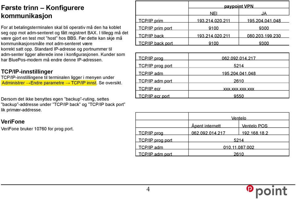 Standard IP-adresse og portnummer til adm-senter ligger allerede inne i konfigurasjonen. Kunder som har BluePos-modem må endre denne IP-adressen.