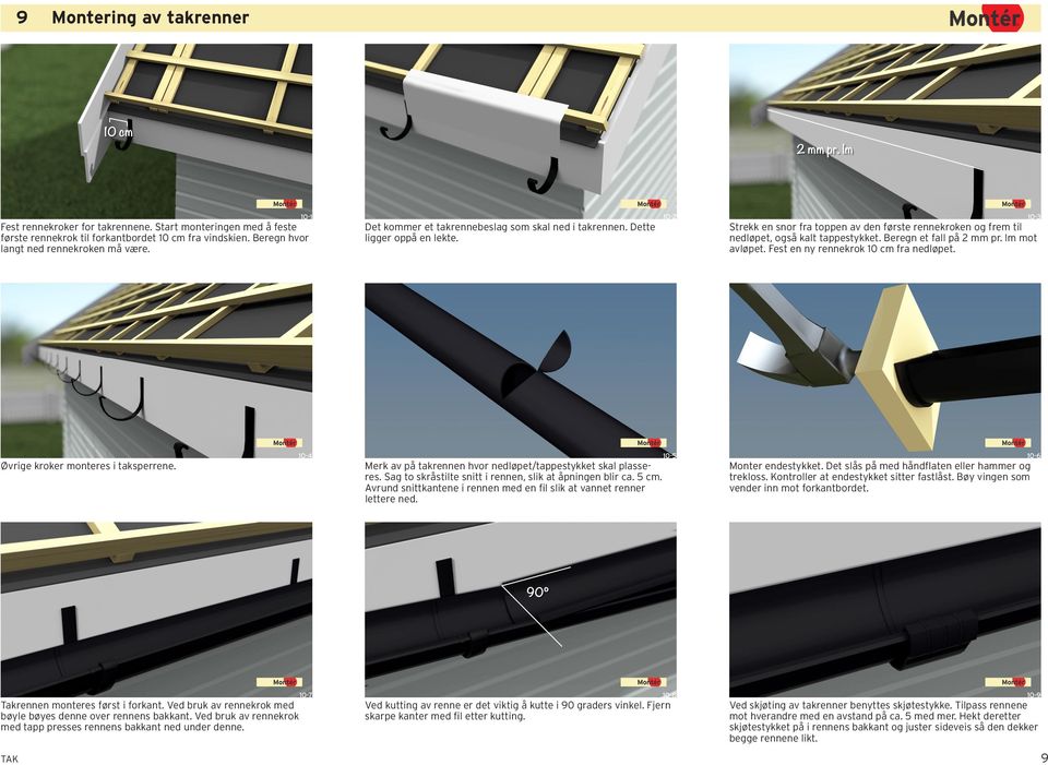 Beregn et fall på 2 mm pr. lm mot avløpet. Fest en ny rennekrok 10 cm fra nedløpet. 10-3 Øvrige kroker monteres i taksperrene. 10-4 Merk av på takrennen hvor nedløpet/tappestykket skal plasseres.