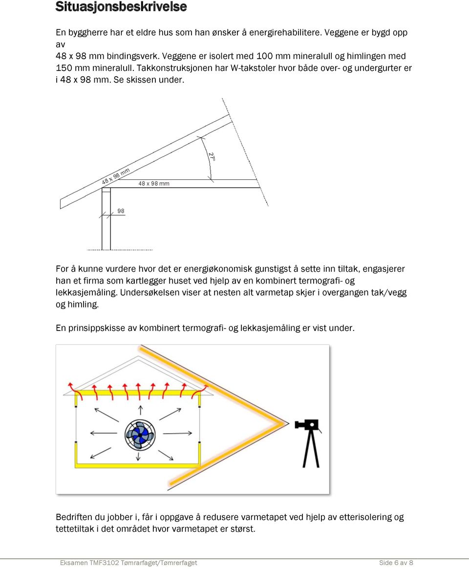 For å kunne vurdere hvor det er energiøkonomisk gunstigst å sette inn tiltak, engasjerer han et firma som kartlegger huset ved hjelp av en kombinert termografi- og lekkasjemåling.