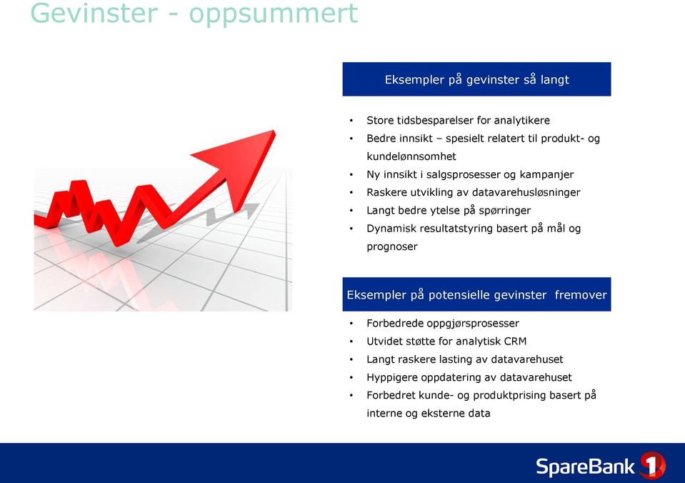 resultatstyring basert på mål og prognoser Eksempler på potensielle gevinster fremover Forbedrede oppgjørsprosesser Utvidet støtte for analytisk