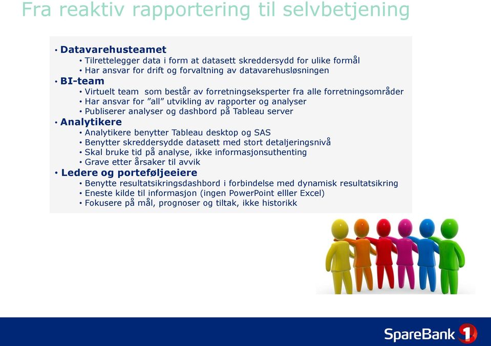 Analytikere benytter Tableau desktop og SAS Benytter skreddersydde datasett med stort detaljeringsnivå Skal bruke tid på analyse, ikke informasjonsuthenting Grave etter årsaker til avvik Ledere og