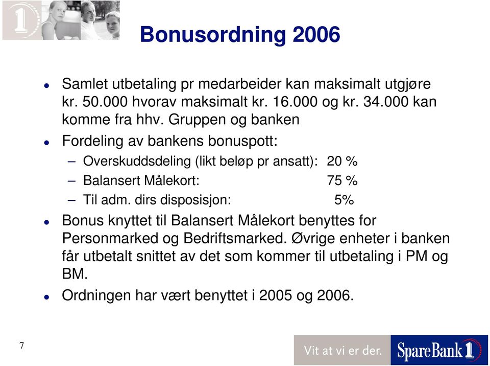 Gruppen og banken Fordeling av bankens bonuspott: Overskuddsdeling (likt beløp pr ansatt): 20 % Balansert Målekort: 75 % Til adm.