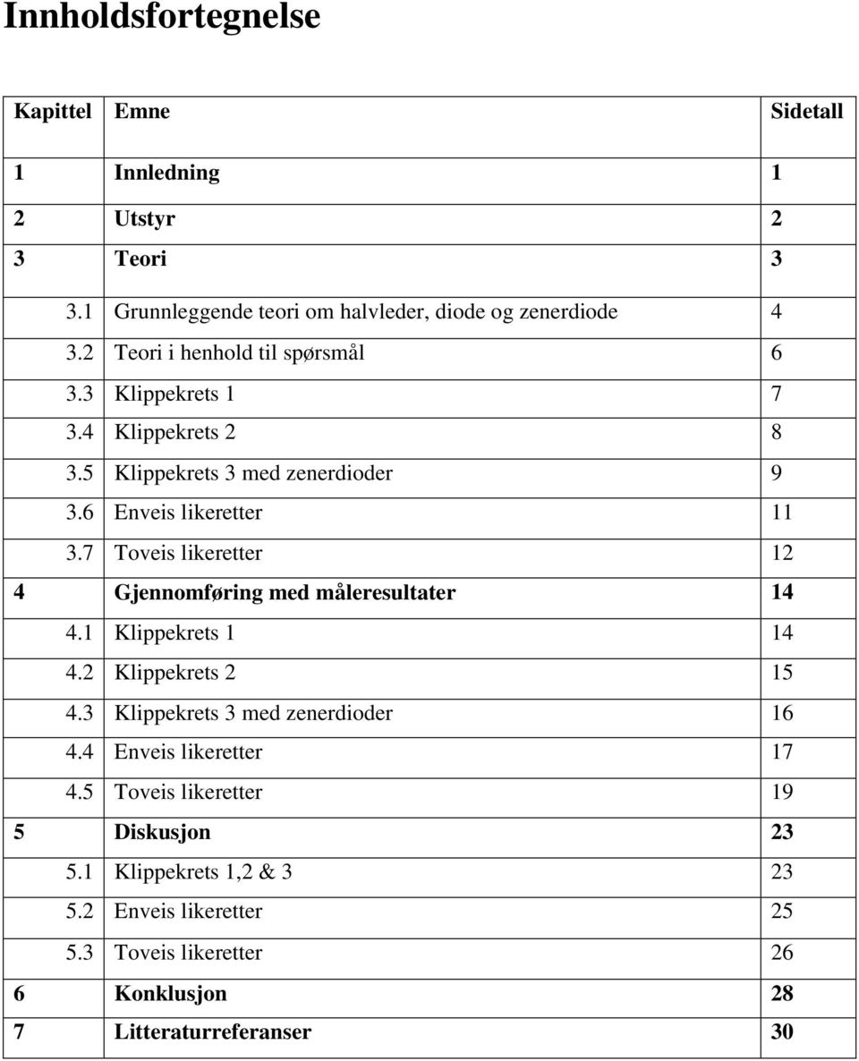 7 Toveis likeretter 12 4 Gjennomføring med måleresultater 14 4.1 Klippekrets 1 14 4.2 Klippekrets 2 15 4.3 Klippekrets 3 med zenerdioder 16 4.