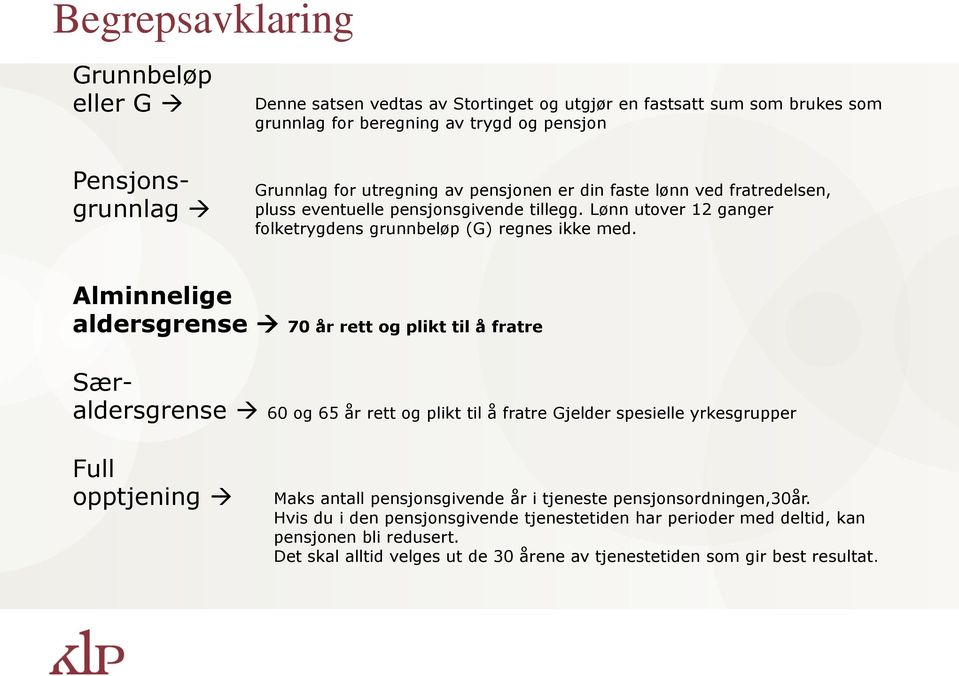 Alminnelige aldersgrense 70 år rett og plikt til å fratre Særaldersgrense 60 og 65 år rett og plikt til å fratre Gjelder spesielle yrkesgrupper Full opptjening Maks antall pensjonsgivende