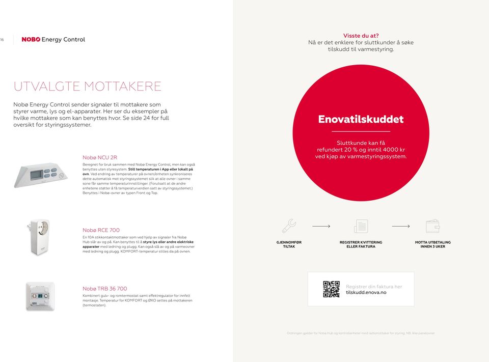 Se side 24 for full oversikt for styringssystemer. Enovatilskuddet Nobø NCU 2R Beregnet for bruk sammen med Nobø Energy Control, men kan også benyttes uten styresystem.