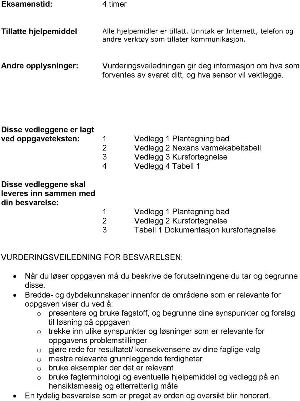 Disse vedleggene er lagt ved oppgaveteksten: 1 Vedlegg 1 Plantegning bad 2 Vedlegg 2 Nexans varmekabeltabell 3 Vedlegg 3 Kursfortegnelse 4 Vedlegg 4 Tabell 1 Disse vedleggene skal leveres inn sammen