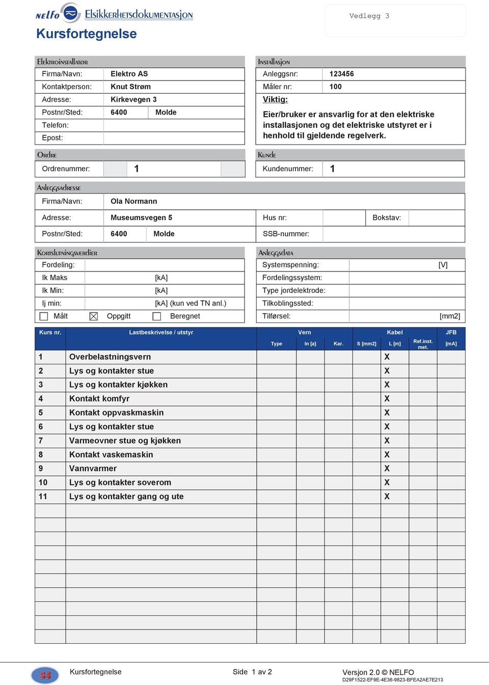 Ordre Kunde Ordrenummer: 1 Kundenummer: 1 Anleggsadresse Firma/Navn: Ola Normann Adresse: Museumsvegen 5 Hus nr: Bokstav: Postnr/Sted: 6400 Molde SSB-nummer: Kortslutningsverdier Anleggsdata