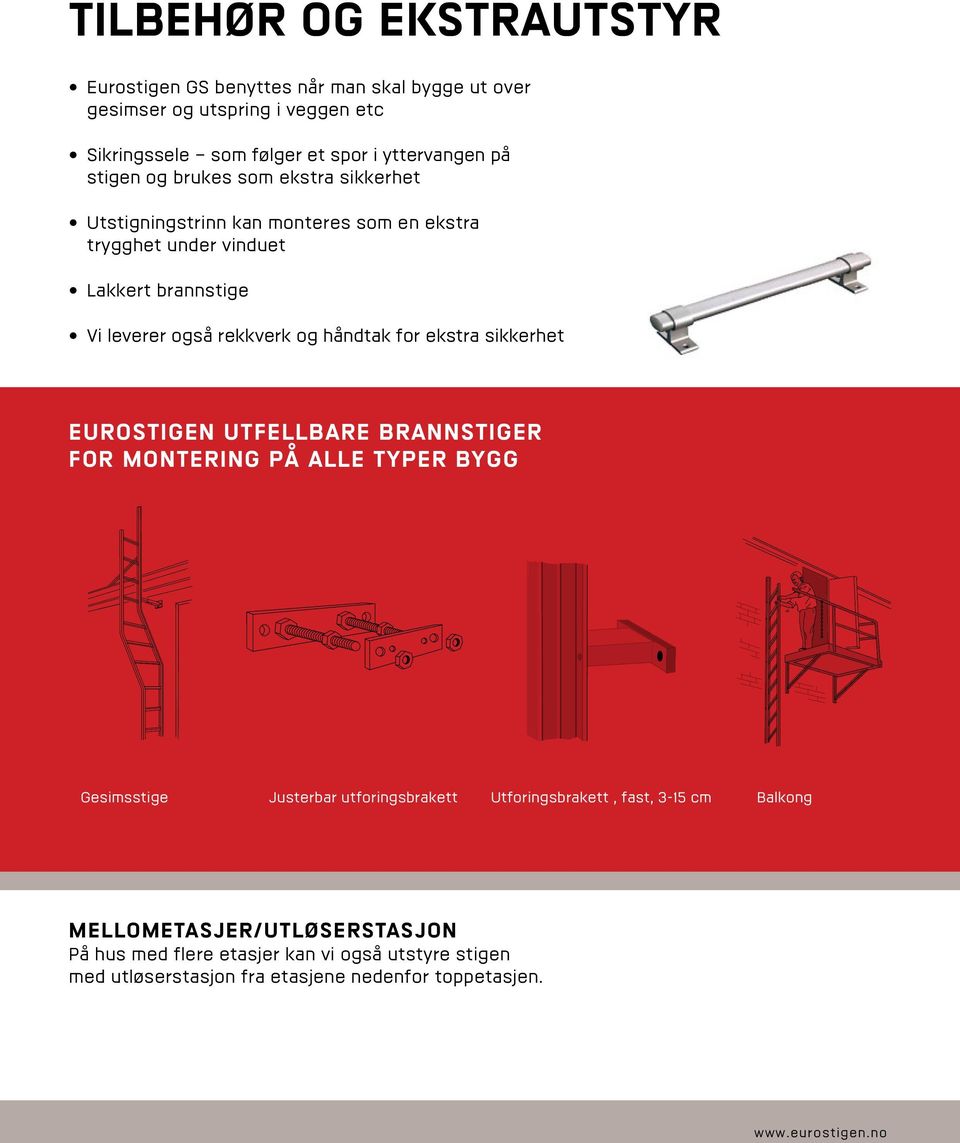 håndtak for ekstra sikkerhet EUROSTIGEN UTFELLBARE BRANNSTIGER FOR MONTERING PÅ ALLE TYPER BYGG Gesimsstige Justerbar utforingsbrakett Utforingsbrakett,