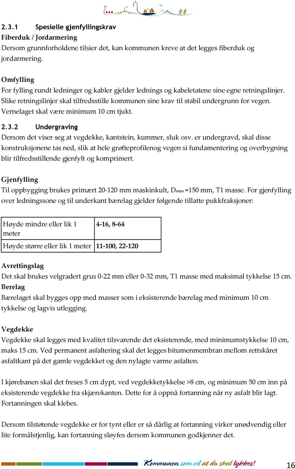 Vernelaget skal være minimum 10 cm tjukt. 2.3.2 Undergraving Dersom det viser seg at vegdekke, kantstein, kummer, sluk osv.