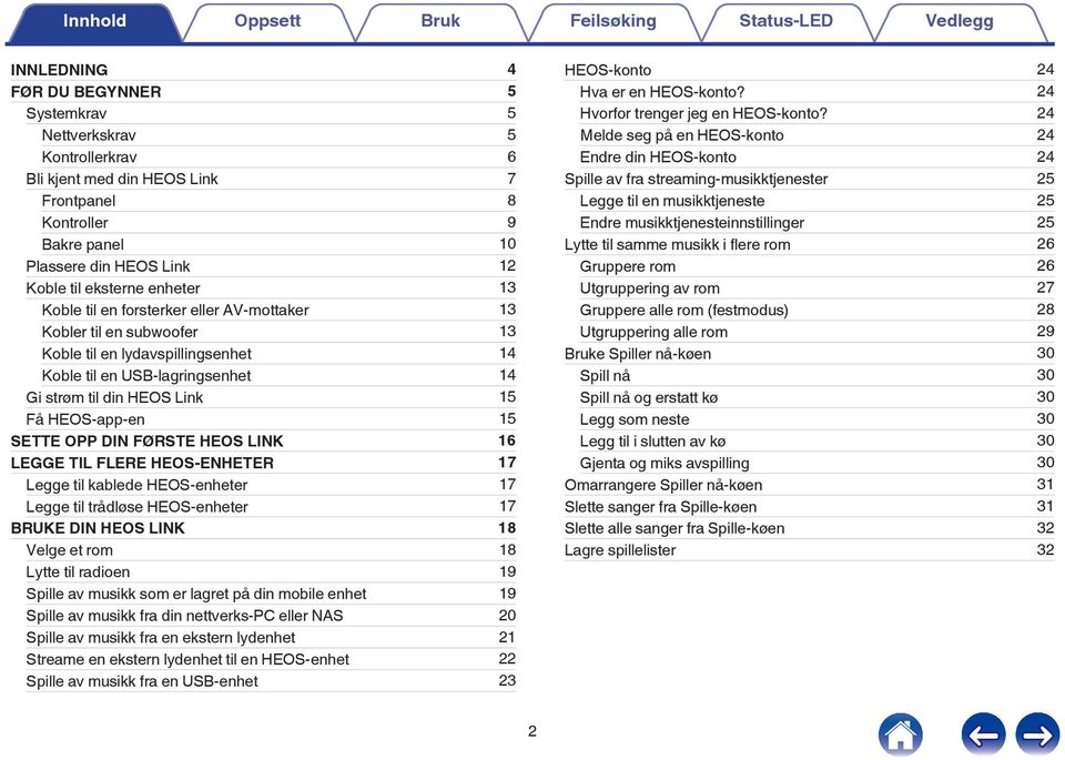 Gi strøm til din HEOS Link 15 Få HEOS-app-en 15 SETTE OPP DIN FØRSTE HEOS LINK 16 LEGGE TIL FLERE HEOS-ENHETER 17 Legge til kablede HEOS-enheter 17 Legge til trådløse HEOS-enheter 17 BRUKE DIN HEOS
