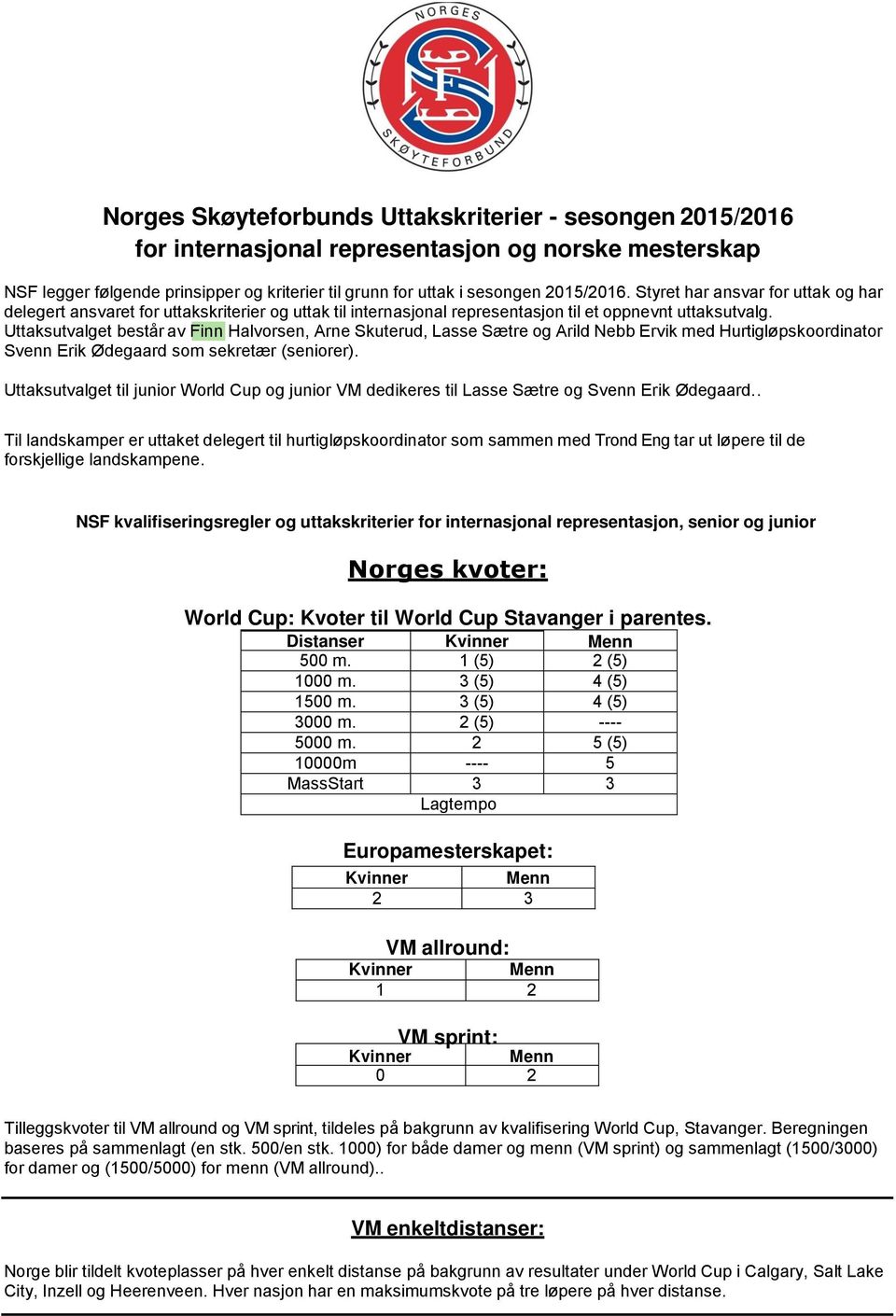 Uttaksutvalget består av Finn Halvorsen, Arne Skuterud, Lasse Sætre og Arild Nebb Ervik med Hurtigløpskoordinator Svenn Erik Ødegaard som sekretær (seniorer).