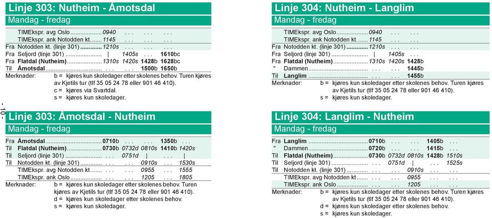 c = kjøres via Svartdal. s = kjøres kun skoledager. - 10 - Linje 303: Nutheim - Åmotsdal Mandag - fredag Linje 303: Åmotsdal - Nutheim Mandag - fredag Fra Åmotsdal...0710b...... 1350b.