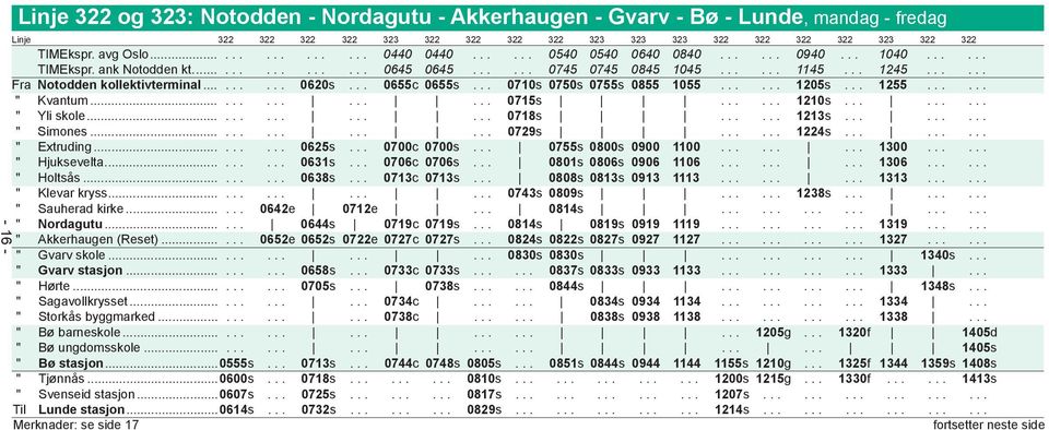 ..... Fra Notodden kollektivterminal......... 0620s... 0655c 0655s... 0710s 0750s 0755s 0855 1055...... 1205s... 1255...... " Kvantum............... 0715s...... 1210s......... " Yli skole............... 0718s.