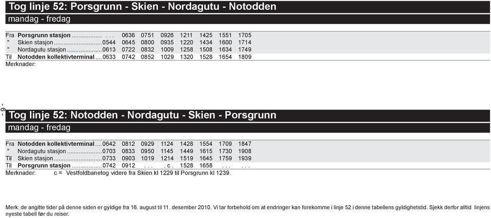 ..0633 0742 0852 1029 1320 1528 1654 1809 Merknader: - 6 - Tog linje 52: Notodden - Nordagutu - Skien - Porsgrunn mandag - fredag Fra Notodden kollektivterminal.