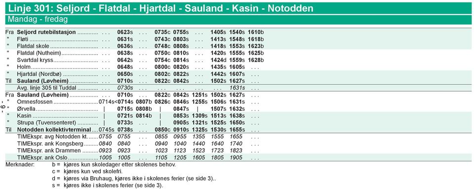 .. 1424d 1559s 1628b " Holm...... 0648s... 0800c 0820s... 1435s 1605s... " Hjartdal (Nordbø)...... 0650s... 0802c 0822s... 1442s 1607s... Til Sauland (Løvheim)...... 0710s... 0822c 0842s... 1502s 1627s.