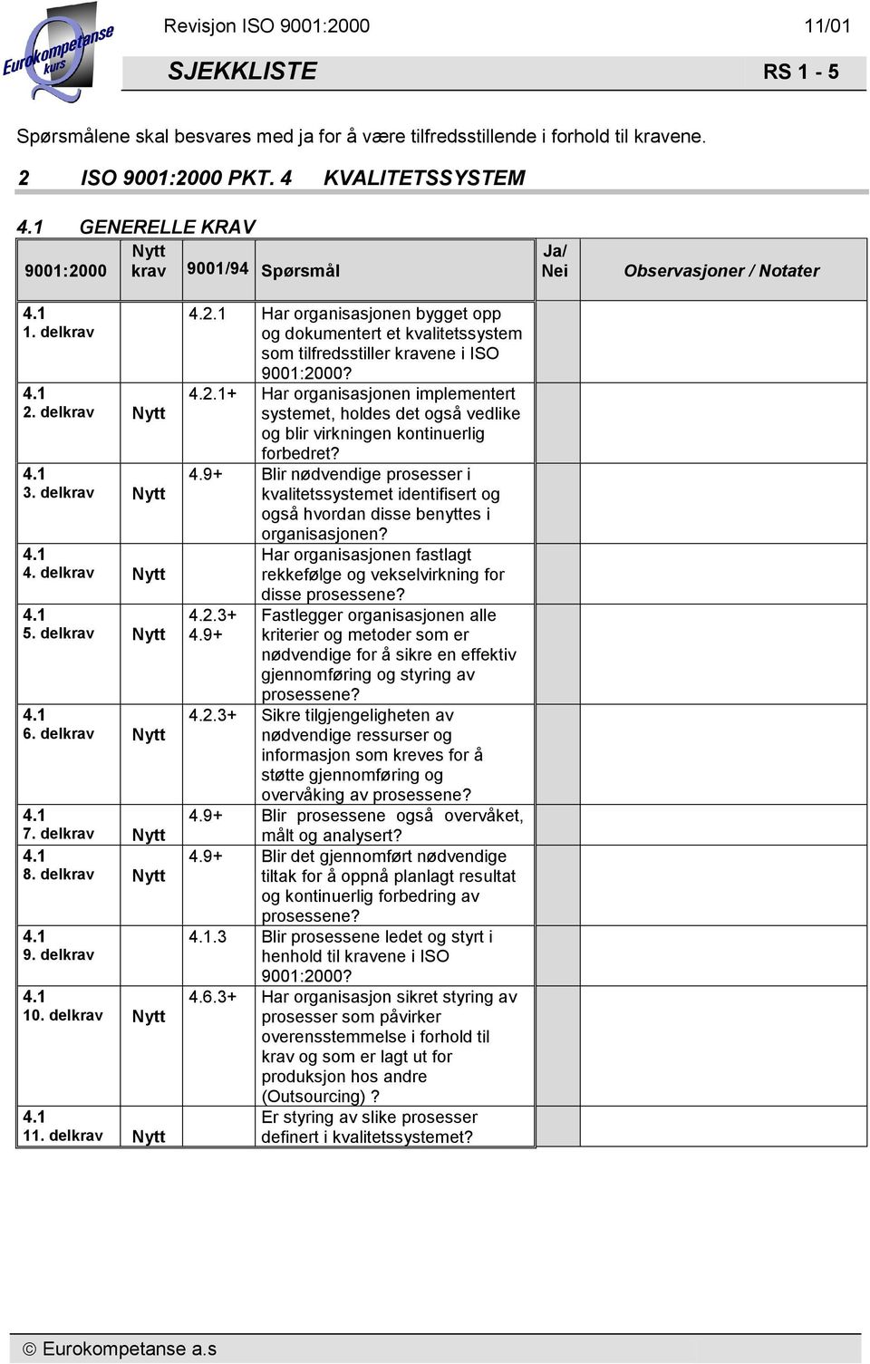 4.9+ Blir nødvendige prosesser i kvalitetssystemet identifisert og også hvordan disse benyttes i organisasjonen? Har organisasjonen fastlagt rekkefølge og vekselvirkning for 4.2.3+ 4.